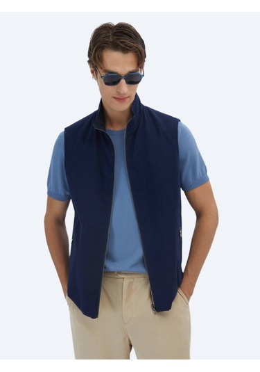 Lacivert Regular Fit Dik Yaka Casual Dokuma Spor Yelek Lacivert