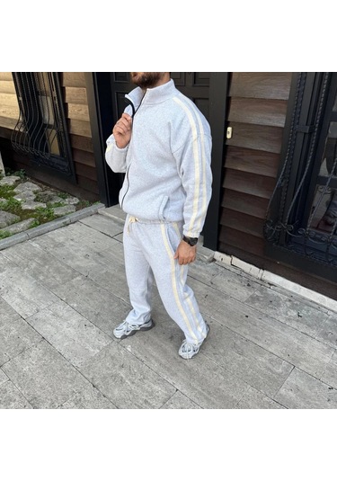 Erkek Çift Şeritli Eşofman Takım Dik Yaka Fermuarlı Sweatshirt Boru Paça Alt, Oversize 3 İplik Pamuk Gri