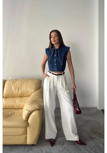Mavi Yaka Detaylı Denim Crop Mavi