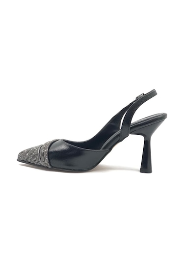 Feles Şerit Taşlı Stiletto Abiye Kadın Topuklu Ayakkabı Siyah