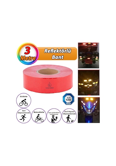 3 Mt Reflektörlü Reflektif Fosforlu Araç Oto Kamyon Şerit Bant Tüvtürk Onaylı Düz Kırmızı İkaz Bandı