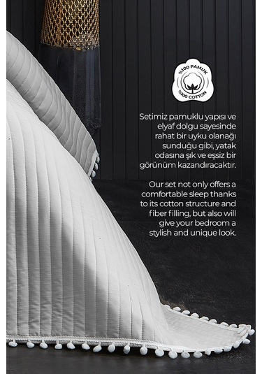 Evlen Home Collection Ponponlu Çift Kişilik %100 Pamuk Yatak Örtüsü Pike Takımı Gri