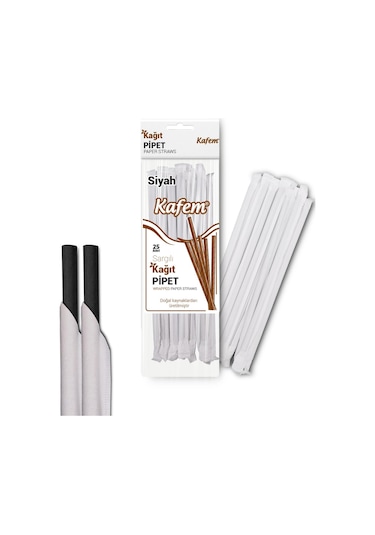 Kafem Sargılı Siyah Kağıt Pipet 19,5cm 25li X 10 Paket