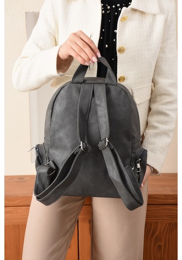 Just Polo Kadın Eskitme Suni Deri Çok Cepli Günlük Sırt Çantası Pbu3000 Antrasit