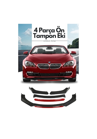4 Parça Ön Lip Universal Ön Tampon Eki Piano Black Kırmızı Renk