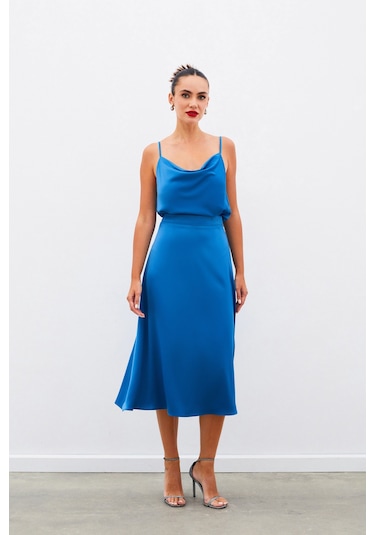 Sateen Midi Boy Saten Etek - İndigo-134963 İndigo