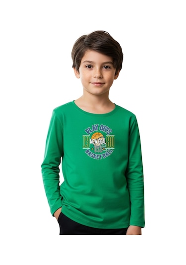 Düz Yuvarlak Yaka Playy Of Baskı Detaylı Erkek Çocuk Sweatshirt Yeşil