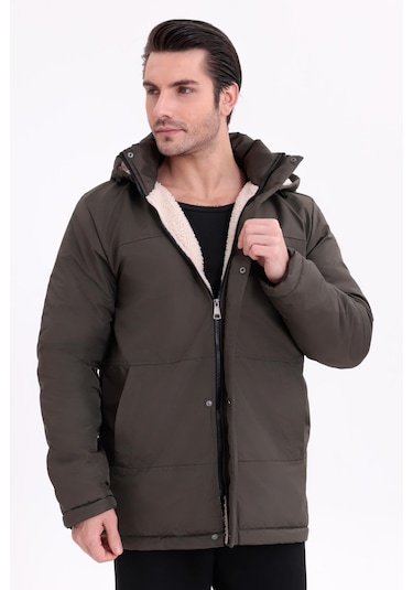 Erkek İçi Kürklü Çıkma Kapüşon Su Ve Rüzgar Geçirmez Kapüşonlu Kışlık Mont & Kaban & Parka Haki