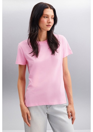 GRIMELANGE Samantha Kadın %100 Organik Pamuklu Comfort Fit Arkası Uzun Basic Örme Pembe T-shirt Pembe