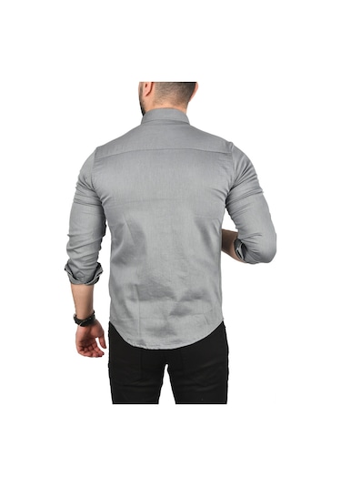 Deepsea Erkek Gri Slim Fit Pamuklu Kot Gömlek Kolay Ütülenebilir Çıt Çıtlı Likralı Spor Gömlek 2502504 Gri