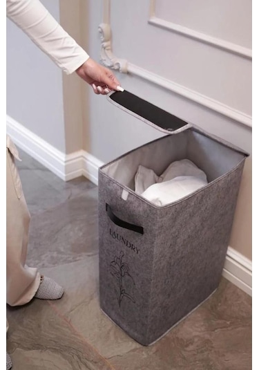 Flosoft Deri Detaylı Kapaklı Keçe Çamaşır Sepeti, Çok Amaçlı Çamaşır Oyuncak Saklama Kutusu Gri