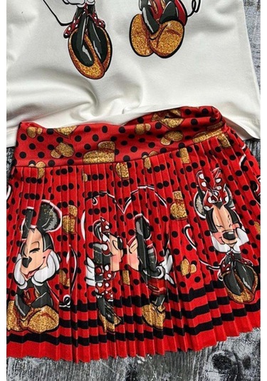 Riccotarz Kız Çocuk Omzu Fırfırlı Mickey Ve Minnie Baskılı Beyaz Bluz Etekli Takım 001