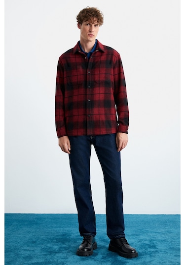 Sagan  Erkek Pamuk-polyester Gömlek Yaka Relaxed Oduncu Bordo Gömlek