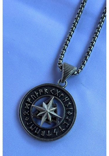 Pusula Viking Run El İşçiliği Paslanmaz Çelik Zincir Erkek Kolye Gümüş