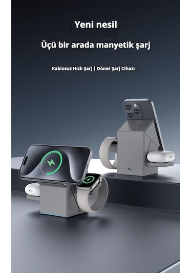 Qi2 15w Manyetik Kablosuz Şarj Cihazı, Döner Başlıklı 3'ü 1 Arada Masaüstü Standı Gri