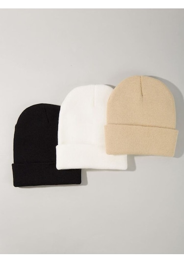 Eke Tekstil Unisex Katlamalı 3'lü Bere Seti Bej - Beyaz - Siyah