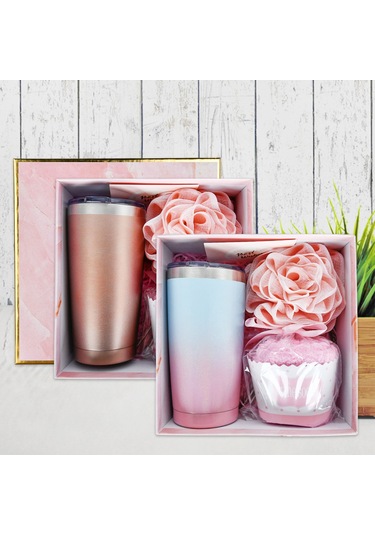 Ranyeek 20 Uncla Çift Katlı Vakumlu Paslanmaz Çelik Termos Bardak Seti Termos + Kapak + Kartpostal + Pasta Bardak Çorap + Banyo Topu + Çelik Pipet + Pipet Fırçası - Hediyelik Kutulu Rose Gold