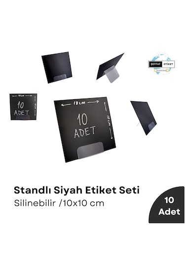 10 Ad Silinebilir Karatahta Siyah Etiket Stand 10x10 Cm Açılı