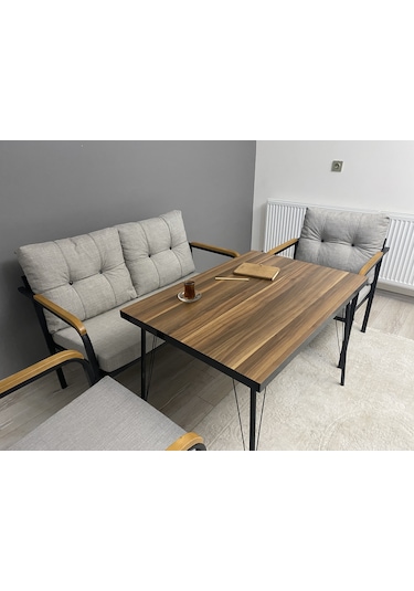 Modern Güneş Balkon, Bahçe, Cafe - Metal Kanepe Koltuk Takımı - 2+1+1 + Masa Açık Gri Modernsh28 Açık Gri