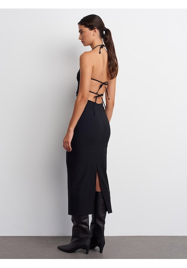 Dilvin 91518 Halter Yaka Midi Elbise-siyah Siyah