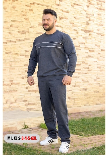 Indigo Mavi Battal Büyük - Normal Beden Kalın Sweat Erkek Eşofman Takımı 21eestbakt İndigo