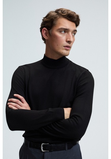 REBEL Erkek Yarım Balıkçı Yaka Basic Slim Fit Triko Siyah Kazak