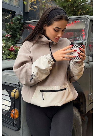 Tommy Life Koyu Bej Etek Ucu Büzgülü Yarım Fermuarlı Oversize Kadın Polar Sweatshirt - 97238 Koyu Bej