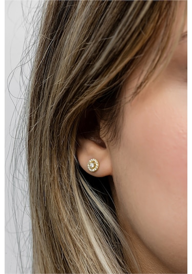 Nereze 925 Ayar Gümüş Gold Kaplama Minimal Tektaş Yuvarlak Küpe