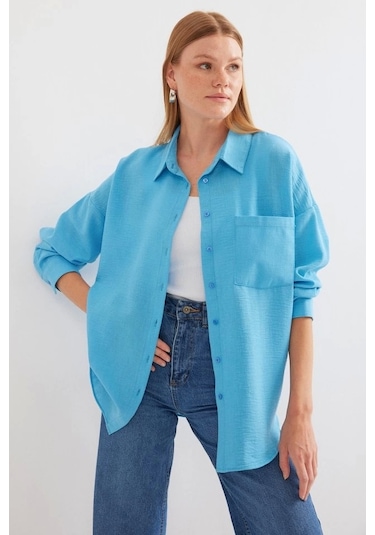 Defymoda 20153 Tek Cepli Oversize Keten Gömlek - Açık Mavi Açik Mavi