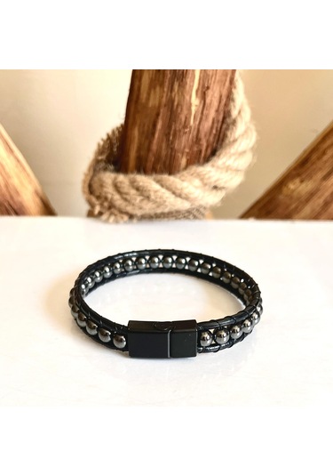 Hematit-doğal Deri Ve Çelik Erkek Bileklik Net 21cm Türk Üretim