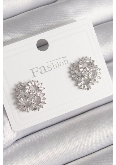 Pirinç Gümüş Renk Zirkon Taşlı Yonca Model Kadın Küpe Çok Renkli