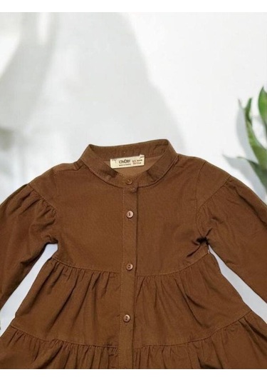 Çikoby Kız Bebek Kadife Fitilli Önden Düğmeli Elbise-14884 Kahverengi