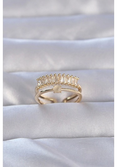 Pirinç Gold Renk Zirkon Taşlı Baget Su Yolu Model Ayarlanabilir Yüzük - Tj-byk3229 Çok Renkli