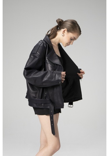Dericlub Pamela Unisex Jumbo Oversize Biker Hakiki Deri Mont Lacivert Null Lacivert