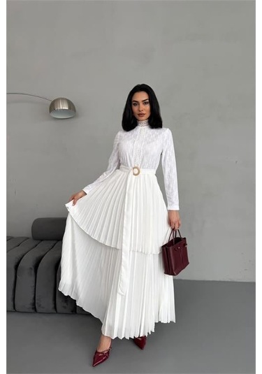 Dipmoda Kadın Krep Kumaş Dantel Detaylı Kemerli Uzun Elbise Dpms2525 Beyaz