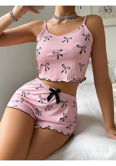 Kadın Siyah Fiyonklu Şortlu Takım Mini Pembe Rahat Çok Renkli