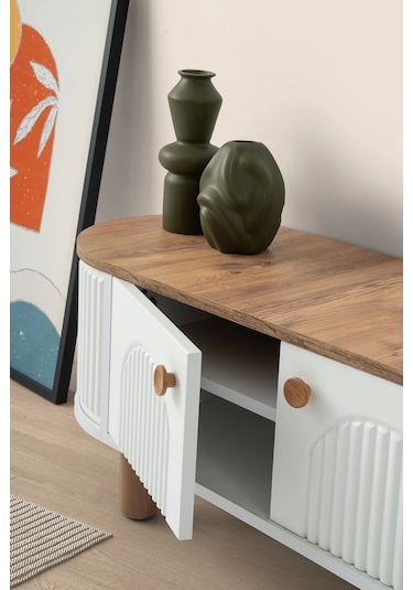 Tv Sehpası 4 Kapaklı Beyaz-meşe 160cm Kurulu Gönderilir Beyaz