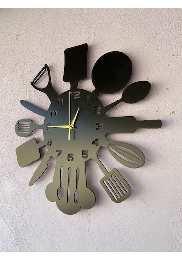 Aa Shop Ahşap Dekoratif Mutfak Desenli Sessiz Duvar Saati 50 CM Siyah
