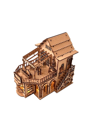 Işıklı Detaylı Kahve Dükkanı Diorama Maketi Ahşap Hobi Seti