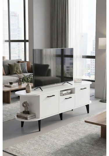 Tv Sehpası 160 Cm Modern 3 Kapaklı Tv Sehpa Çok Amaçlı Konsol Ünitesi Mira Mavi