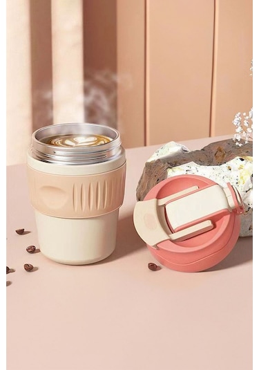 316 L Çelik Pembe 350 Ml Pipetli Soğuk Sıcak Kahve El Termos Mug Cin846pm Pembe