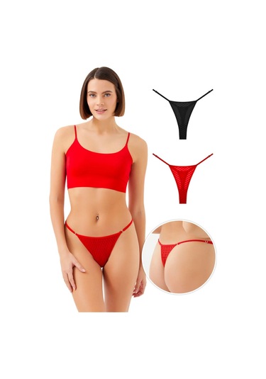 Puantiyeli Tüllü Ayarlanabilir Lastikli Kadın Tanga Külot 2'li Paket Renkli-1 Çok Renkli