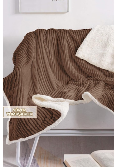 Sherpa Battaniye Çift Kişilik Çizgili Yumuşak Peluş Wellsoft Yatak Örtüsü Koyu Kahverengi