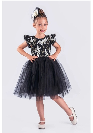 Kız Çocuk Elbise Tütü Etek Nakışlı Siyah Beyaz