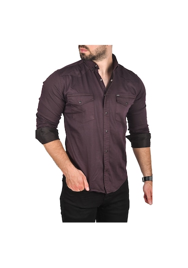 Deepsea Erkek Mürdüm Slim Fit Pamuklu Cepli Kot Gömlek Çıtçıtlı Uzun Kollu Spor Gömlek 2502503 Mürdüm