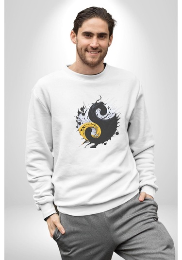 Yin İle Yang Kuramı Unisex Beyaz Baskılı Sweatshirt Beyaz