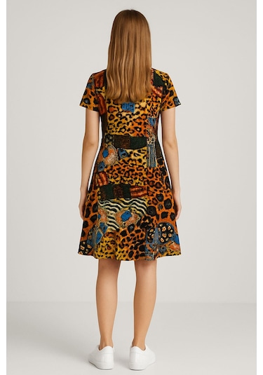 2 Adet Dökümlü Rahat Kalıp Günlük Penye Kumaş Elbise Kahverengi - Yeşil