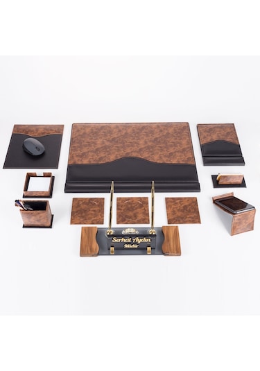 9 Parça Kök Ağaç Ahşap Desen Siyah Lüks Sümen Takımı Elit Kristal Ofis Masa İsimliği Sümen Seti