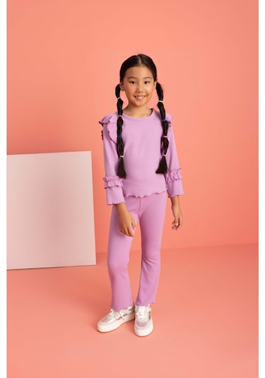 Luess Omuzu Ve Kolu Fırfırlı Likralı Kız Çocuk Takım - Lila