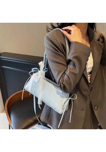 Dashanshop Mavi Fransız Çubuğu El Çantası Büyük Kapasiteli Pu Omuz Çantası Kurdele İş Mavi